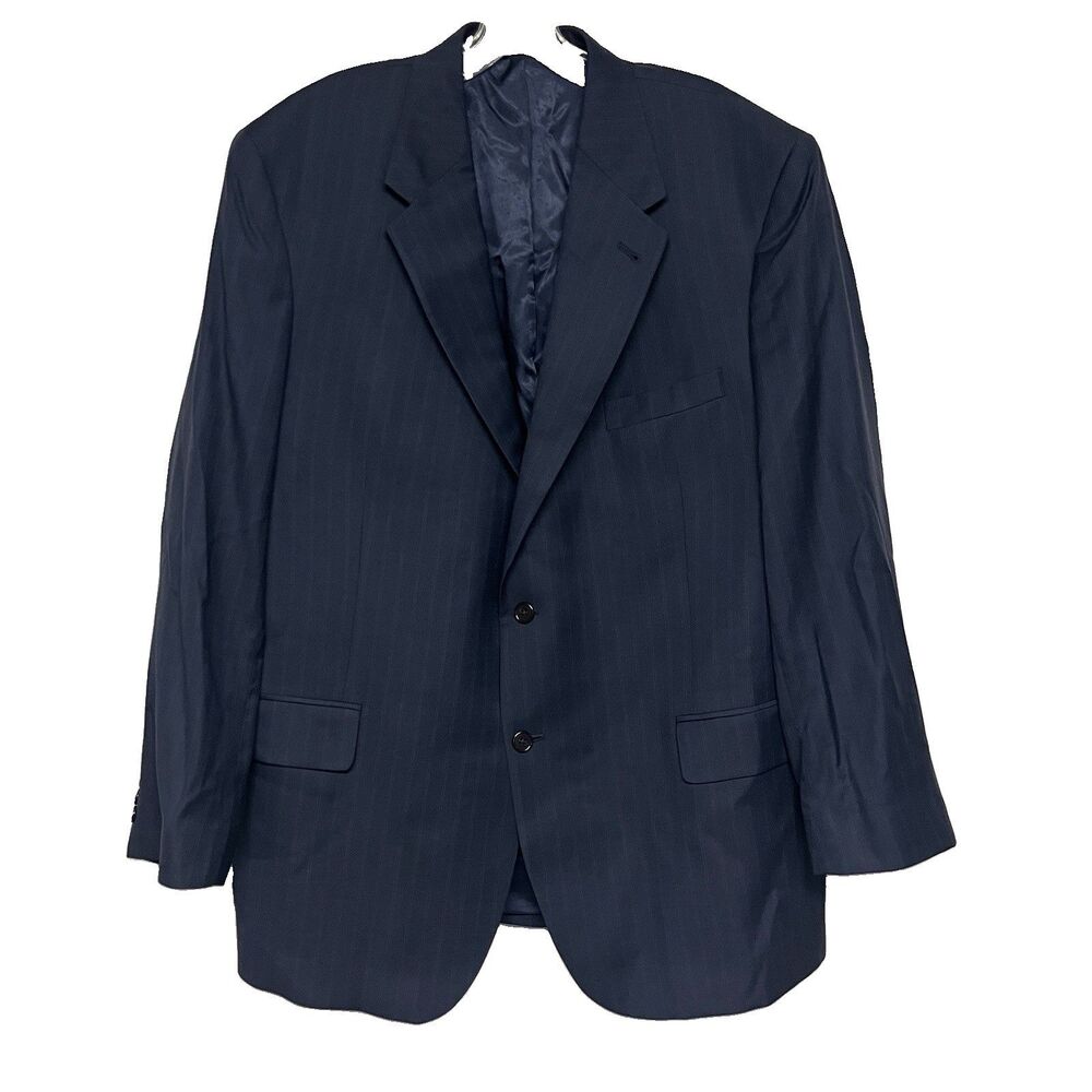 Jos A Bank Signature 2 Piece Suit 46R Mens 41x30 Navy Blue Pinstripe Wool Silk